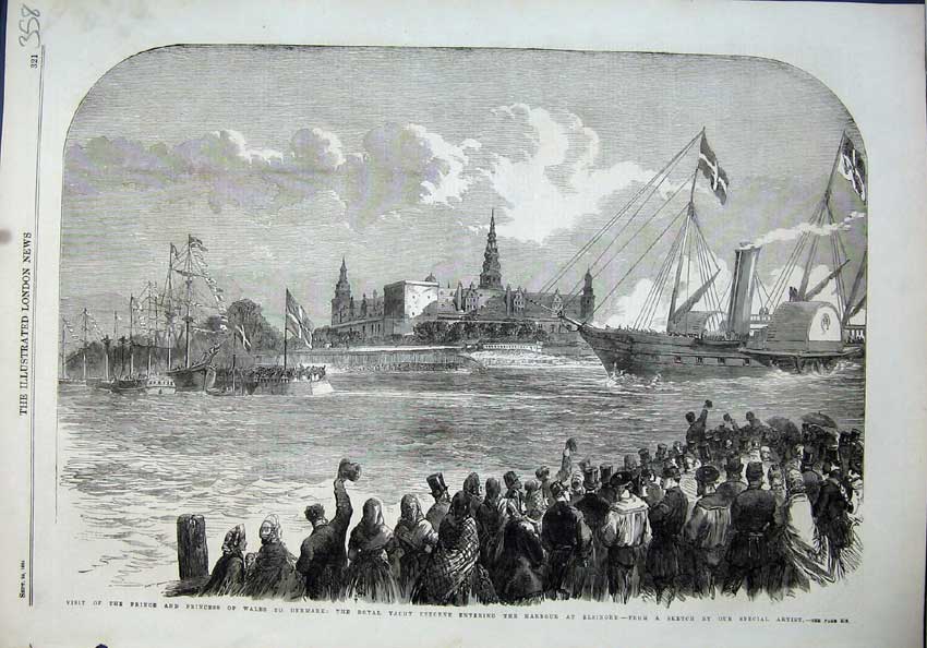 Old Antique Print 1864 Prince Wales Denmark Royal Yacht Harbour Elsinore 19th