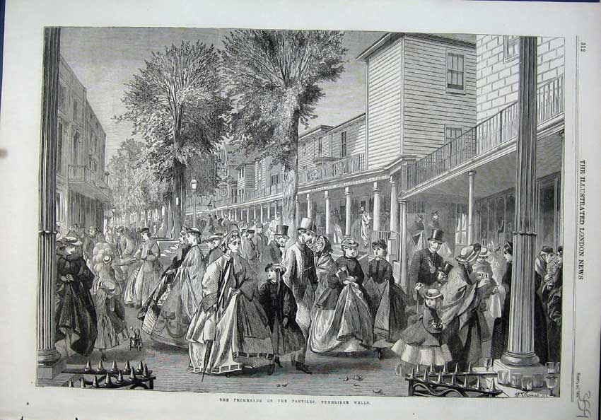 Original Old Antique Print 1864 Promenade Pantiles Turnbridge Wells Families