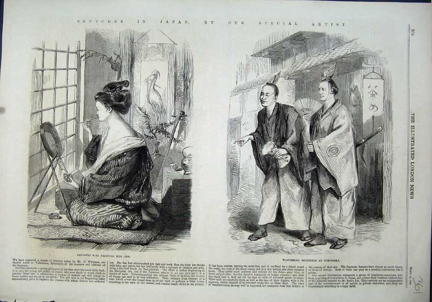 Original Old Antique Print Japan 1864 Japanese Girl Painting Lips Minstrels