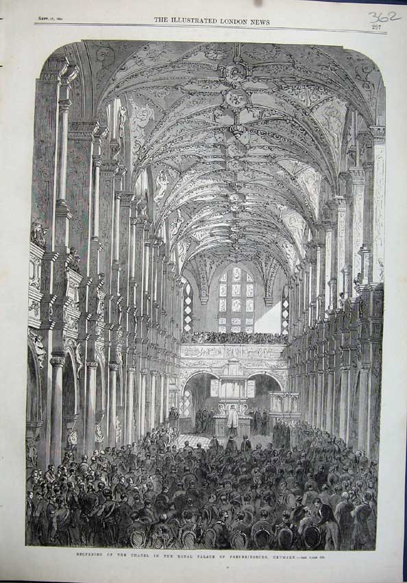 Old Antique Print 1864 Chapel Royal Palace Frederiksborg Denmark Fine Art 19th