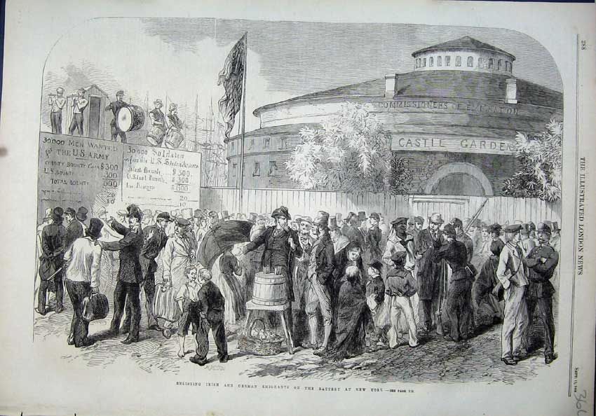 Old Antique Print 1864 Enlisting Irish German Emigrants Battery New York 19th