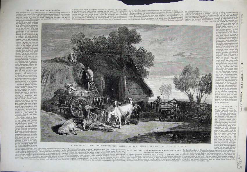 Old Antique Print 1864 Stackyard Farm Barn Horses Hay Cart Fine Art Liber 19th