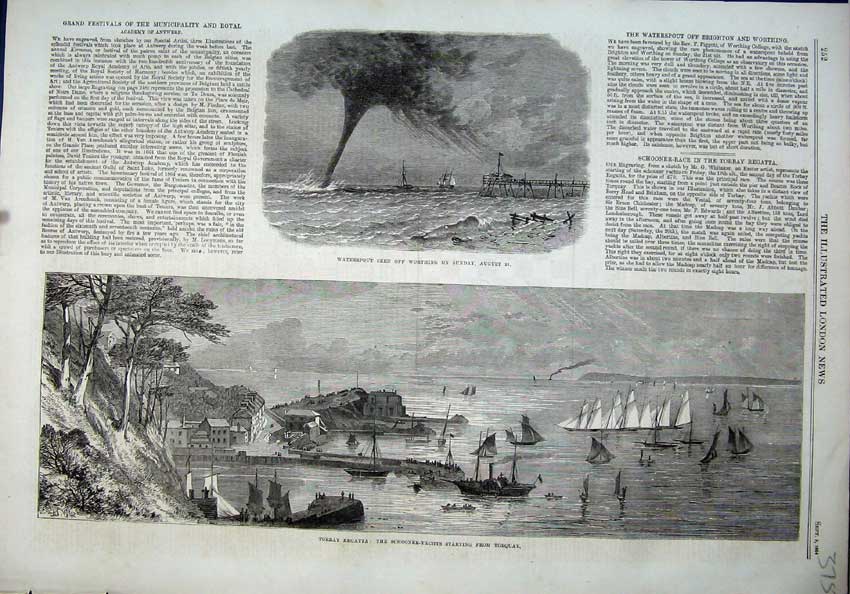 Original Old Antique Print 1864 Torbay Ragatta Schooner Yachts Torquay Worthing