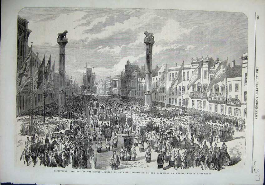 Old Antique Print 1864 Procession Cathedral Antwerp Royal Academy Street 19th
