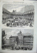 Original Old Antique Print 1864 Royal Academy Antwerp Bourse Allegorical Statue