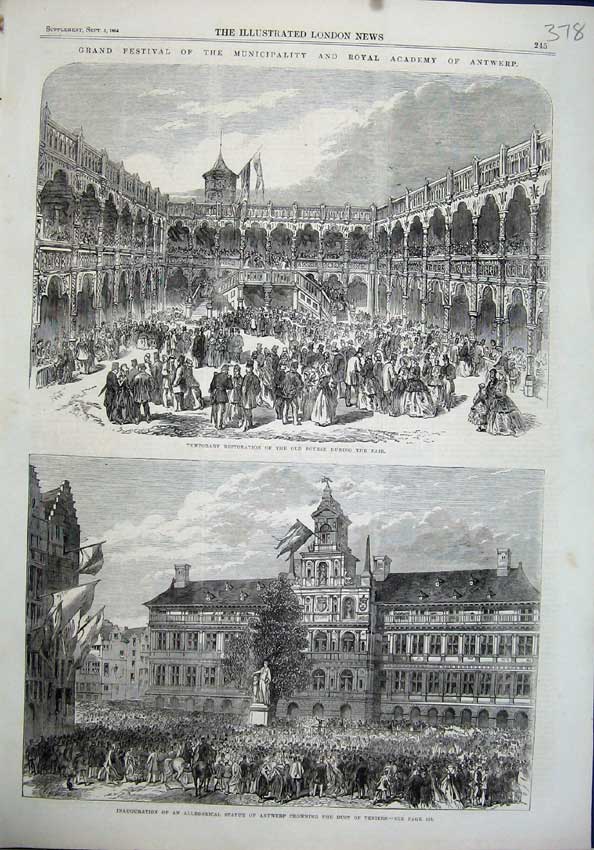 Original Old Antique Print 1864 Royal Academy Antwerp Bourse Allegorical Statue