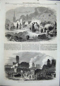 Original Old Antique Print Fire Lomoges 1864 Firemen Siers Garrison Ruins Crier