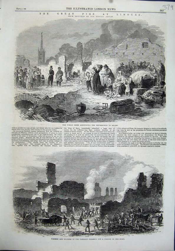 Original Old Antique Print Fire Lomoges 1864 Firemen Siers Garrison Ruins Crier