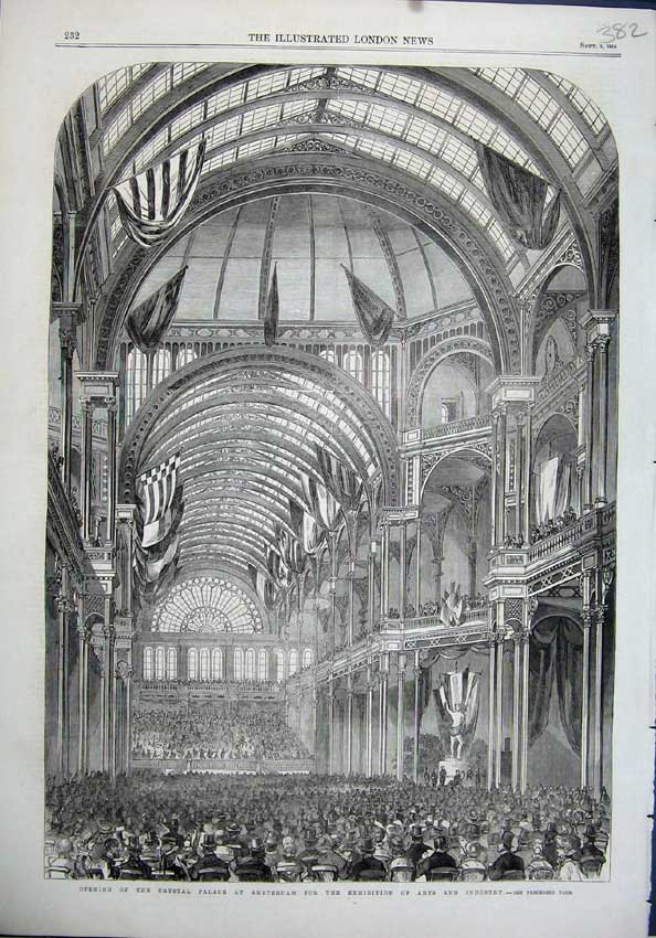 Old Antique Print 1864 Crystal Palace Amsterdam Exhibition Arts Industry 19th