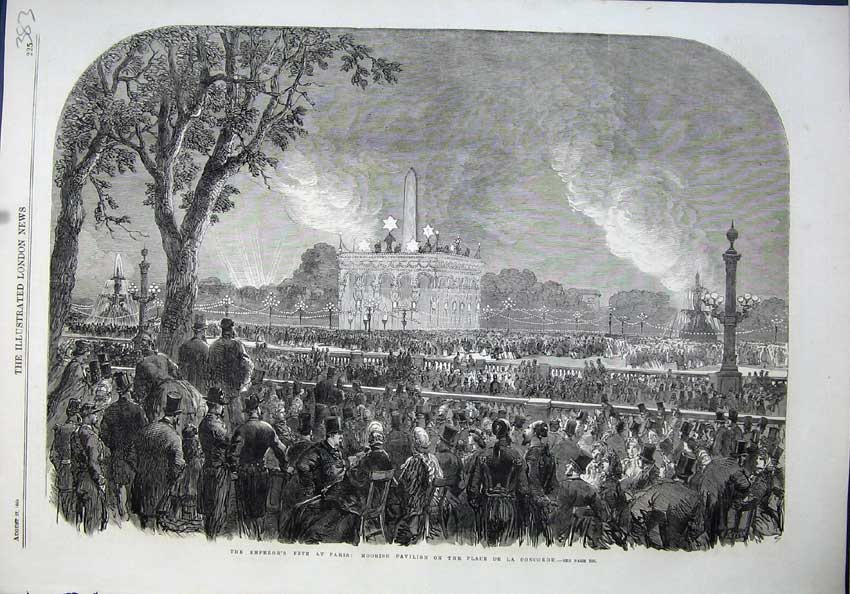 Old Antique Print 1864 Emperor Fete Paris Moorish Pavilion Place Concorde 19th