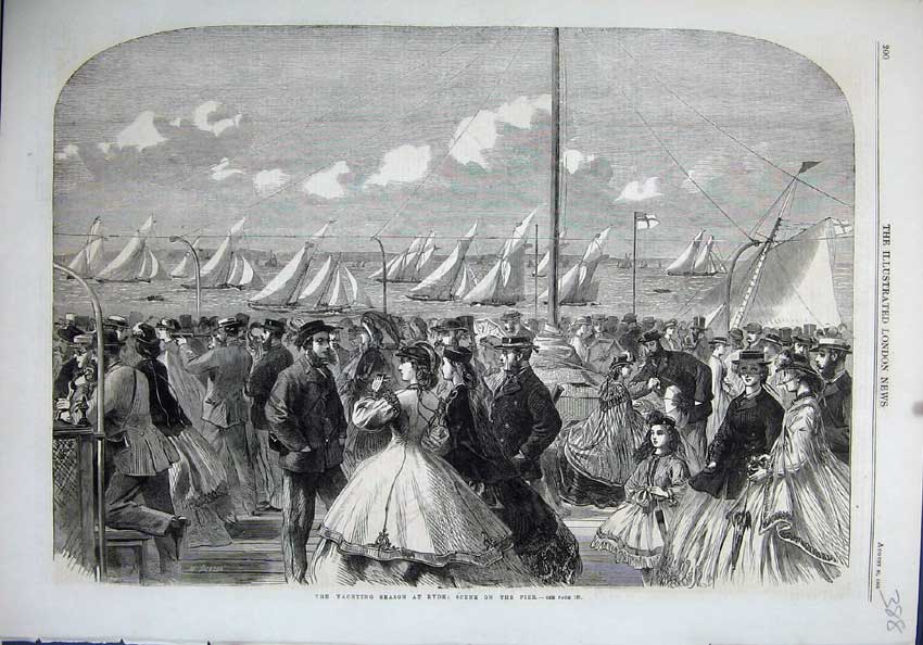 Old Antique Print 1864 Scene Yachting Season Ryde Pier Sailing Families 19th