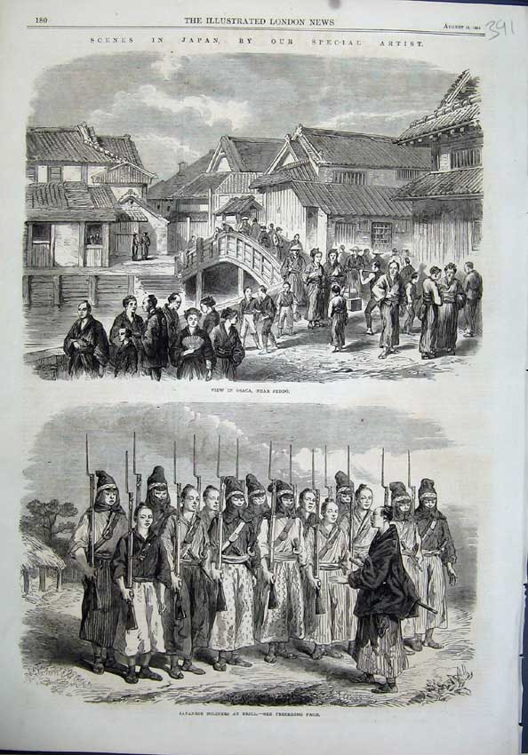 Original Old Antique Print Japan 1864 View Osaca Jeddo Japanese Siers Drill War