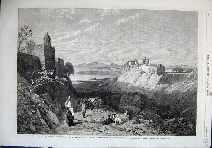 Old Antique Print 1864 View City Chiusi Etruria Mountains Richardson Art 19th