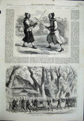 Original Old Antique Print 1864 Japan Japanese Siers Fencing Travelling Tokaido