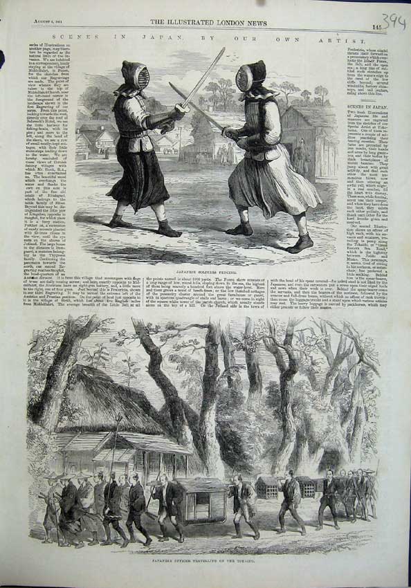 Original Old Antique Print 1864 Japan Japanese Siers Fencing Travelling Tokaido