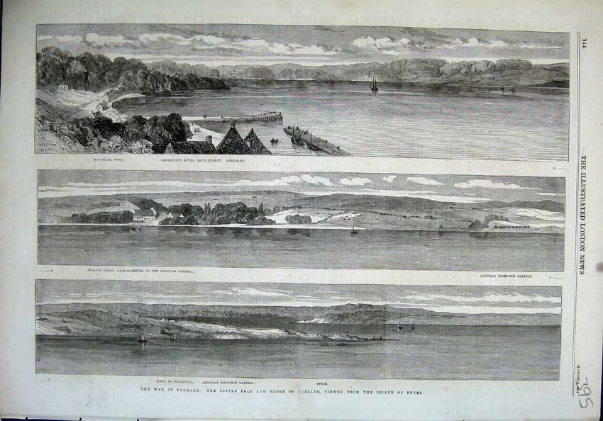 Original Old Antique Print 1864 War Denmark Frederica Strib Snoghoi Ferry Ships