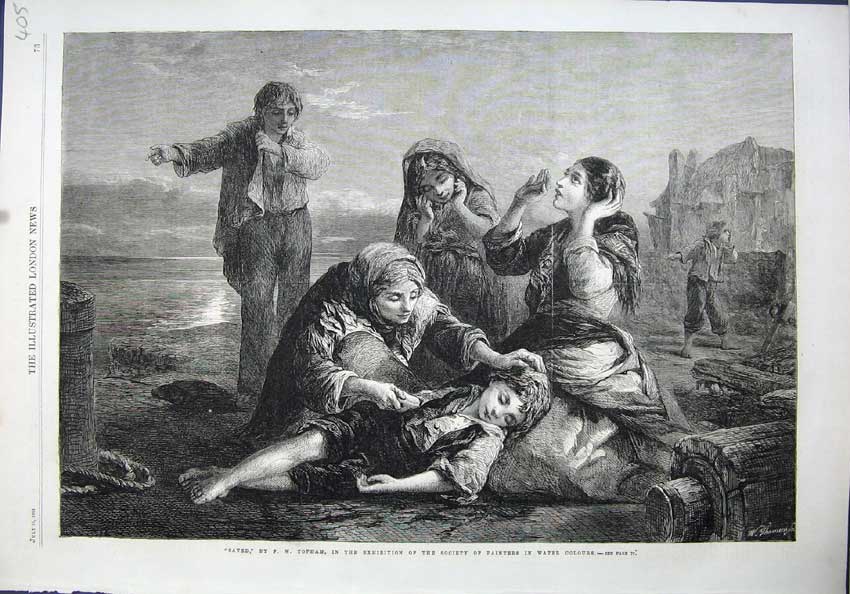 Old Antique Print 1864 Fine Art Saved Sea Shore Family Boy Topham Painter 19th
