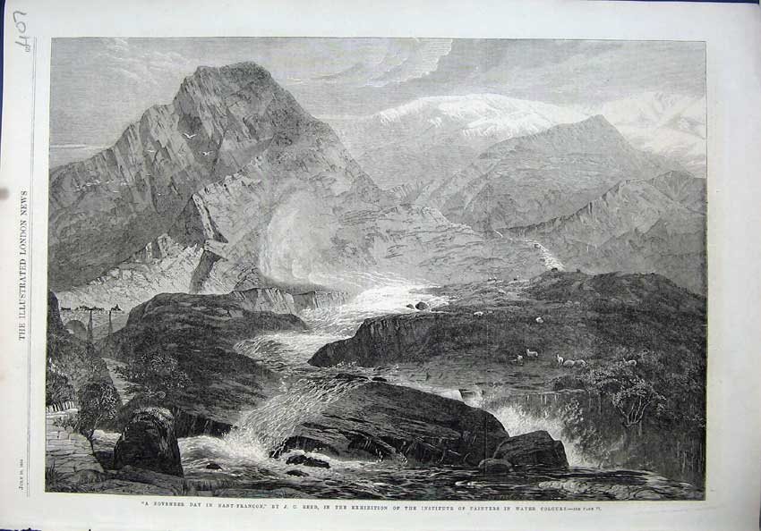 Original Old Antique Print 1864 November Day Nant-Francon Mountains River Falls