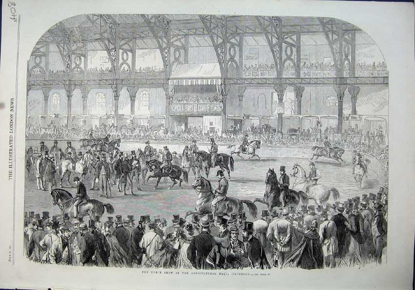 Original Old Antique Print 1864 Horse Show Agricultural Hall Islington 19th