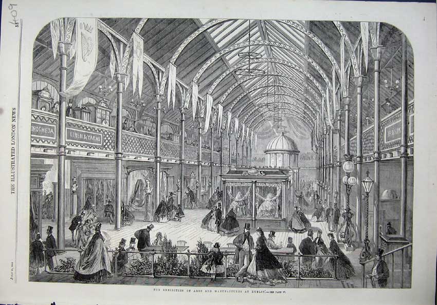 Original Old Antique Print 1864 Exhibition Arts Manufactures Dublin Ireland