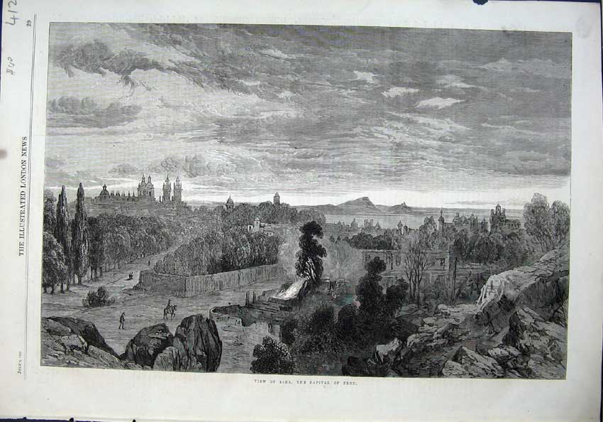 Old Antique Print 1864 View Lima Capital Peru America Fine Art Buildings 19th