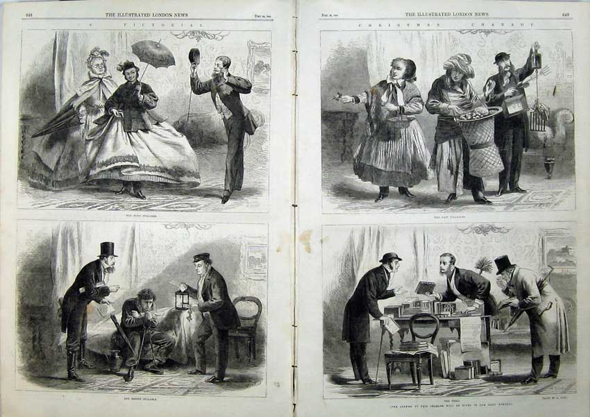 Original Old Antique Print 1864 Pictorial Christmas Charade Men Women Syllable