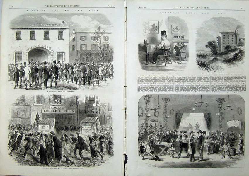 Original Old Antique Print New York 1864 Polling Place Beer Saloon Guttenburg