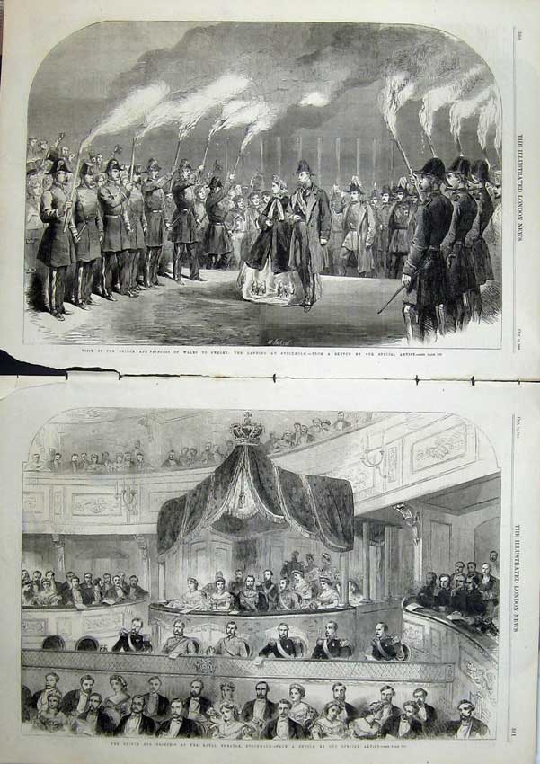Old Antique Print 1864 Prince Wales Stockholm Royal Theatre Army Flame 19th