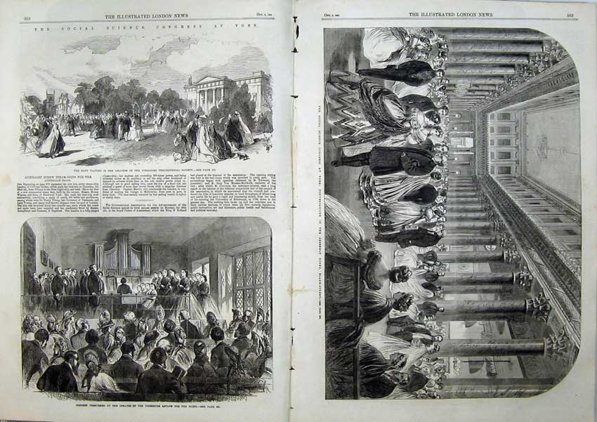 Old Antique Print 1864 Social Science Congress York Concert Asylum Blind 19th