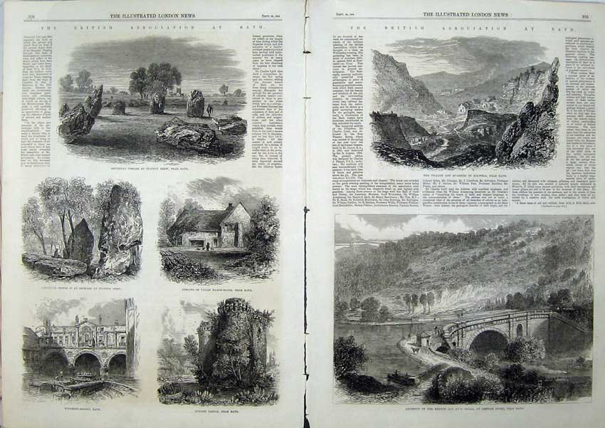 Old Antique Print Bath 1864 Nunney Castle Bridge Aqueduct Kennet Stanton 19th
