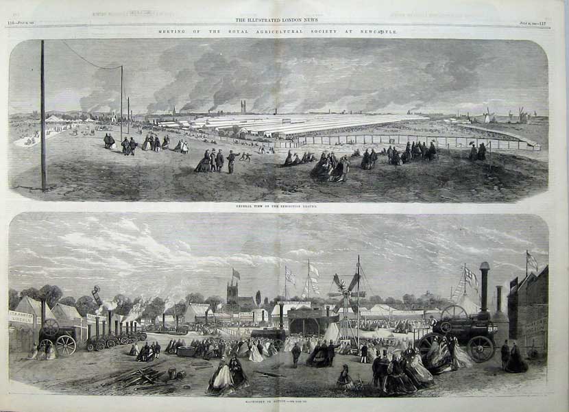 Old Antique Print 1864 Agricultural Show Newcastle Machinery Exhibition 19th