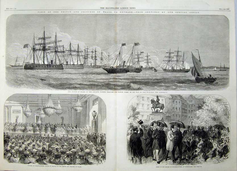 Antique Old Print Prince Wales Denmark1864 Osborne Ship Copenhagen Palace 19th