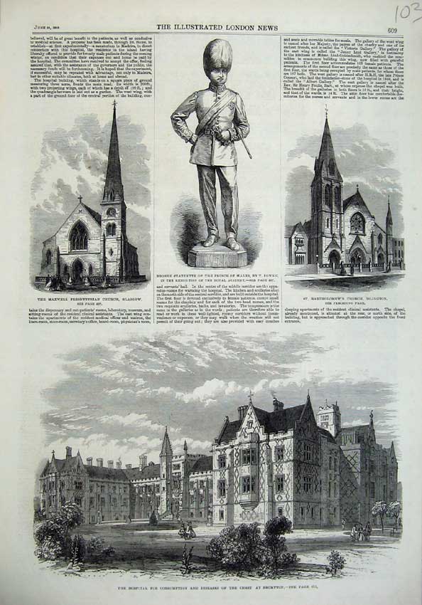 Original Old Antique Print 1865 Hospital Diseases Brompton Church Glasgow Wales