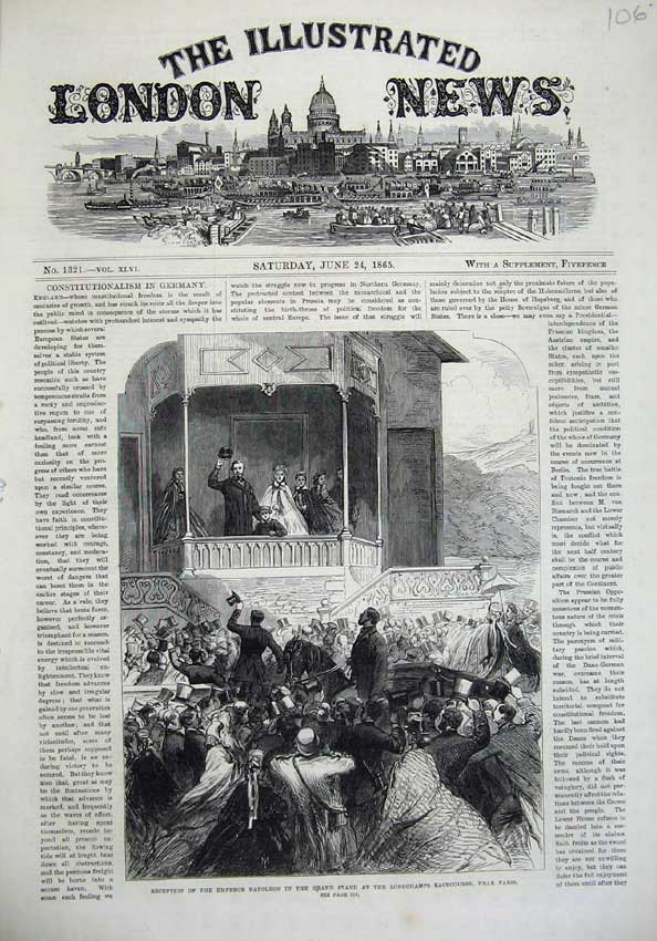 Original Old Antique Print 1865 Emperor Napoleon Longchamps Racecourse Paris