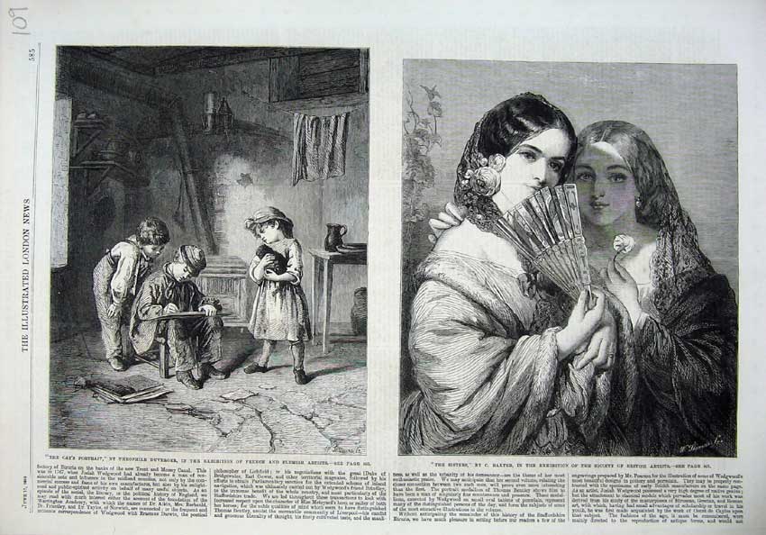 Old Antique Print 1865 Children Cat'S Portrait Sisters Women Fan Fine Art 19th