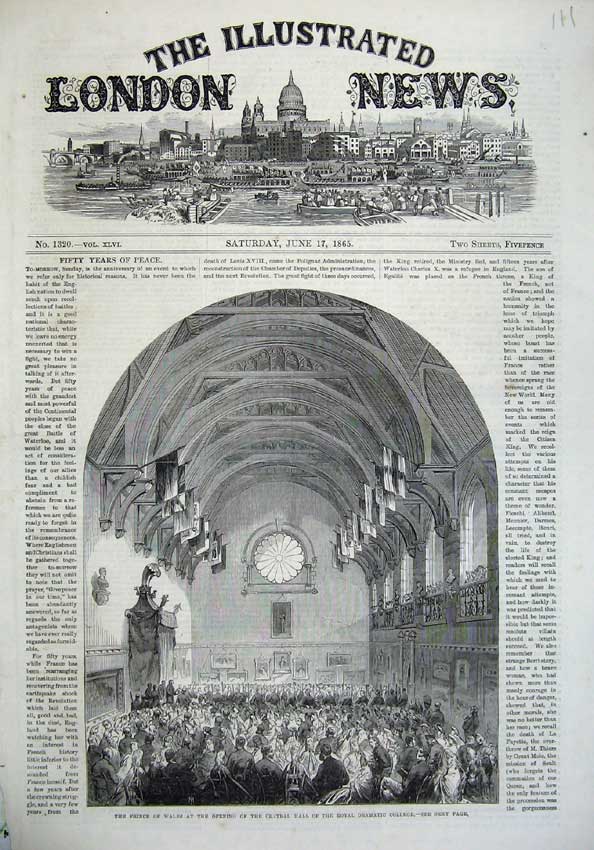 Old Antique Print 1865 Prince Wales Central Hall Royal Dramatic College 19th