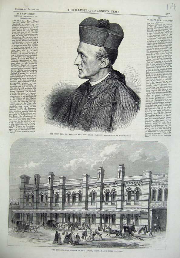 Old Antique Print Manning Catholic Archbishop 1865 Ludgate Hill Railway 19th