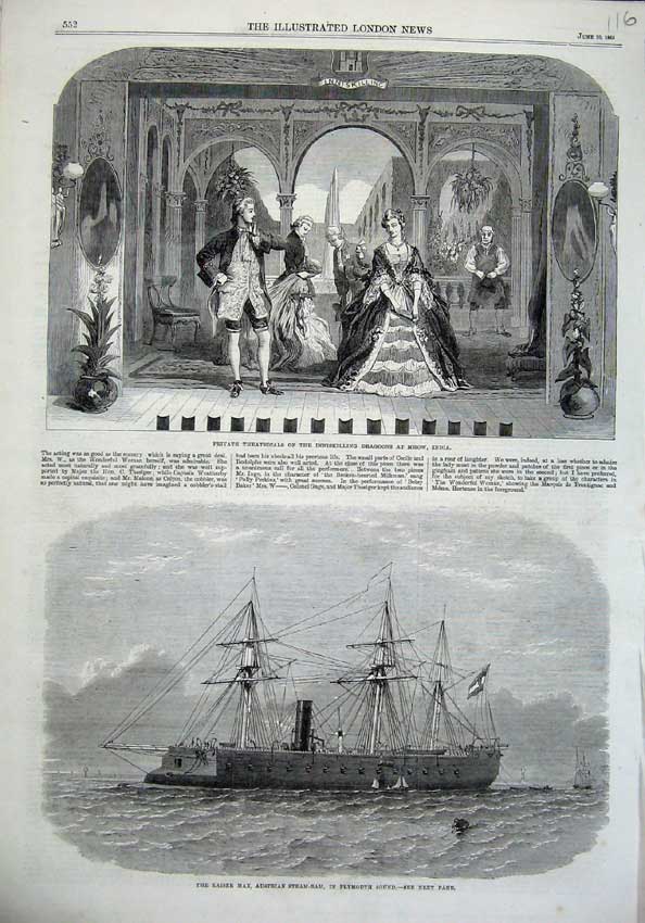 Old Antique Print 1865 Theatre Inniskilling Dragoon India Kaiser Max Ship 19th