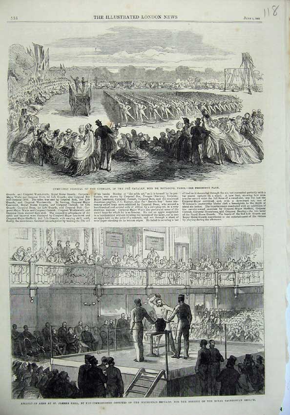 Old Antique Print 1865 Gymnastic Germans Paris St James Hall Officers War 19th