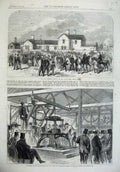 Original Old Antique Print 1865 Railway Station Epsom Atlantic Telegraph Wharf