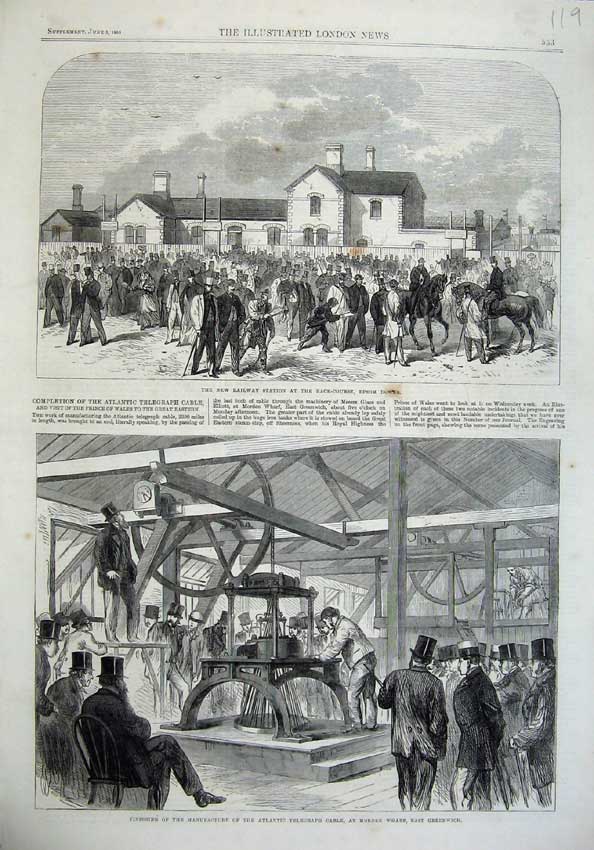 Original Old Antique Print 1865 Railway Station Epsom Atlantic Telegraph Wharf