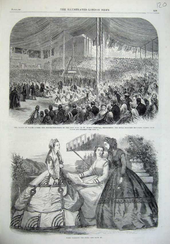 Original Old Antique Print Paris Fashion 1865 Prince Wales Mary Hospital London