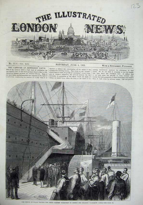 Old Antique Print 1865 Prince Wales Atlantic Telegraph Cable Ship Eastern 19th