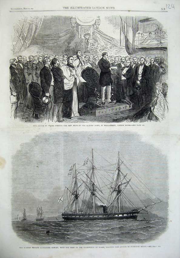 Old Antique Print 1865 Sailors London Docks Russian Ship Alexander Newsky 19th