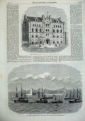Original Old Antique Print Sailors Home London Docks 1865 Russian Ships Tagus