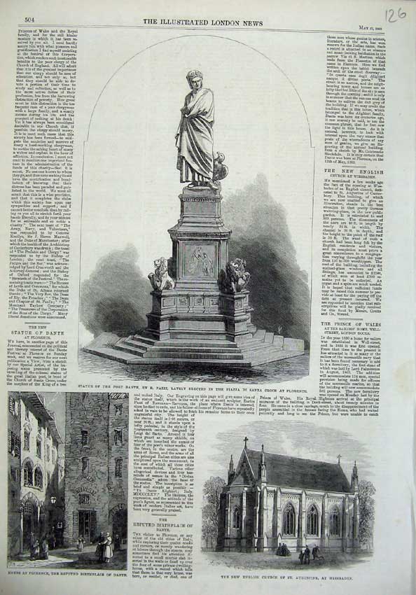 Old Antique Print Statue Poet Dante 1865 Florence House Church Wiesbaden 19th