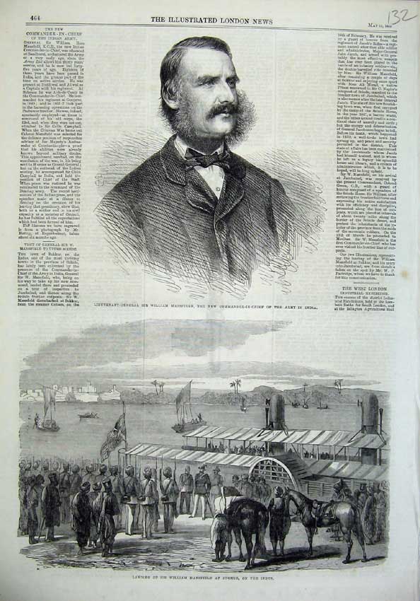 Original Old Antique Print General Mansfield Army India 1865 Sukkur Indus River