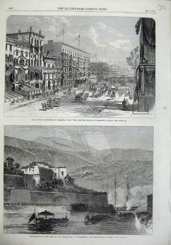 Old Antique Print 1865 New York Broadway Lincoln Czarewitch Villafranca 19th
