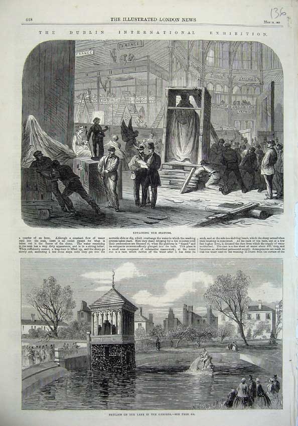Old Antique Print 1865 Dublin Statue Pavilion Lake Gardens Exhibition Art 19th