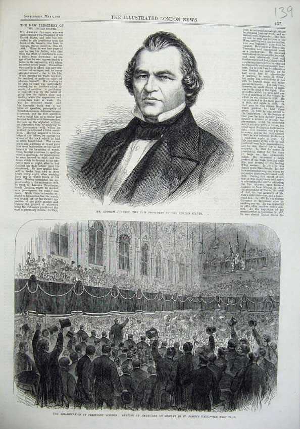 Old Antique Print Andrew Johnson President 1865 President Lincoln America 19th